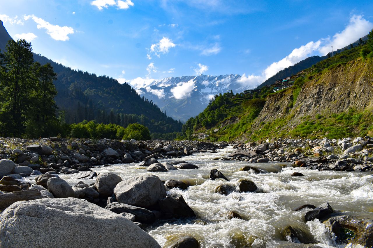 Crafting Captivating Headlines: Your awesome post title goes here Flowing river through rocks with mountain backdrop in Manali, India